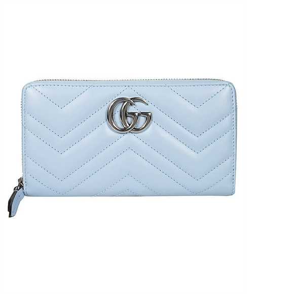 Gucci GG Marmont Ice Light Chevron Blue Continental Wallet Blue Leather New - Picture 1 of 3